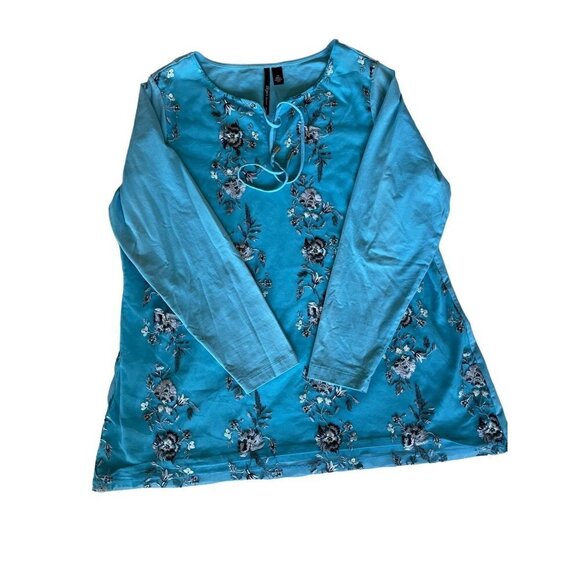 Skye's The Limit Top Blouse Plus S 1X Blue Mesh Floral Embroidery Long Sleeve - Picture 5 of 10